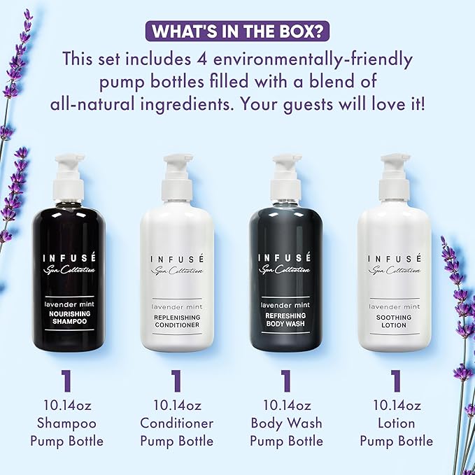 1-Shoppe Infuse Lavender Mint Spa Collection Amenities Set | 10.14 oz Pumps | Shampoo, Conditioner, Hand/Body Wash, Lotion