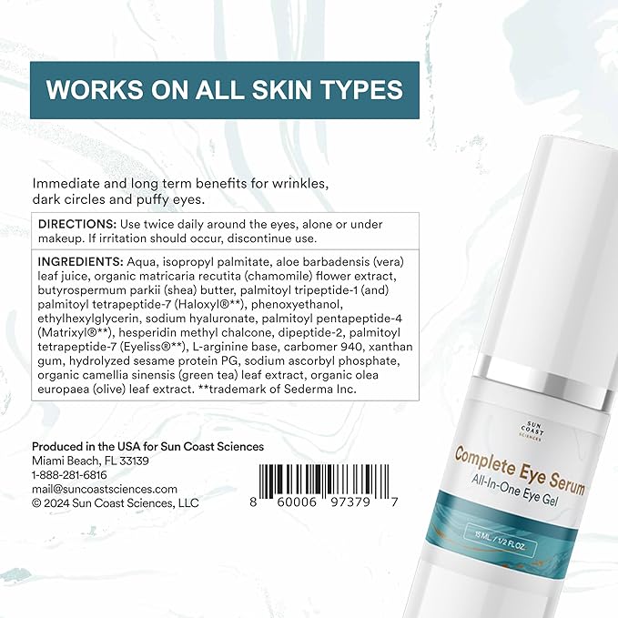 Sun Coast Sciences - Complete Eye Serum by Dr. Mark Rosenberg for Wrinkle Reduction, Dark Spot Fading, and Under-Eye Bags Treatment (Pack of 6)