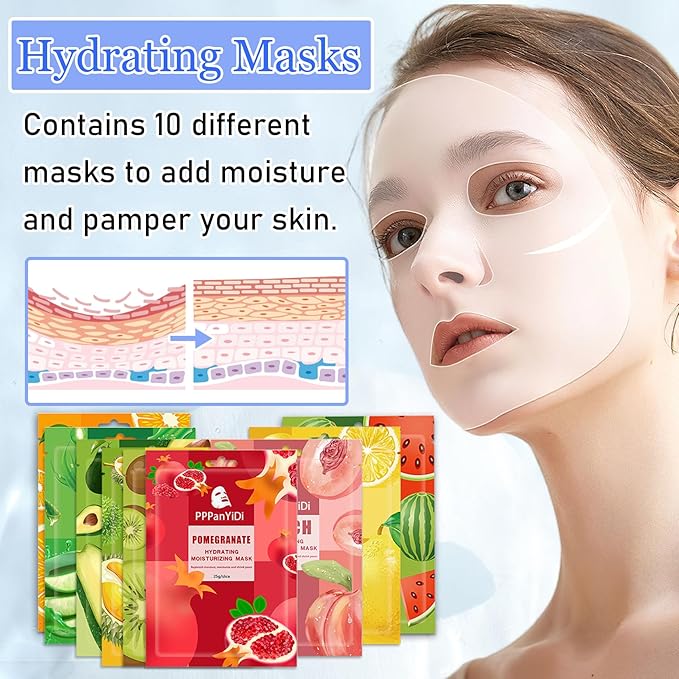 10 Pack Face Sheet Mask Skincare Set,Hydrating Facial Sheet Mask Skin Care Variety Kit,Moisturizing Sheet Facemask Skincare Collection Set for All Skin Types