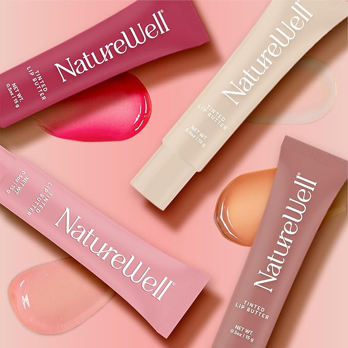 NATURE WELL Tinted Lip Butter Variety Pack, Shear & Subtle Tinted Moisturizing Balms, Vanilla Scented, Lightweight & Non-Greasy, Vitamin E, Shea, & Murumuru Butters, 0.50 Oz Each (Pack of 4)