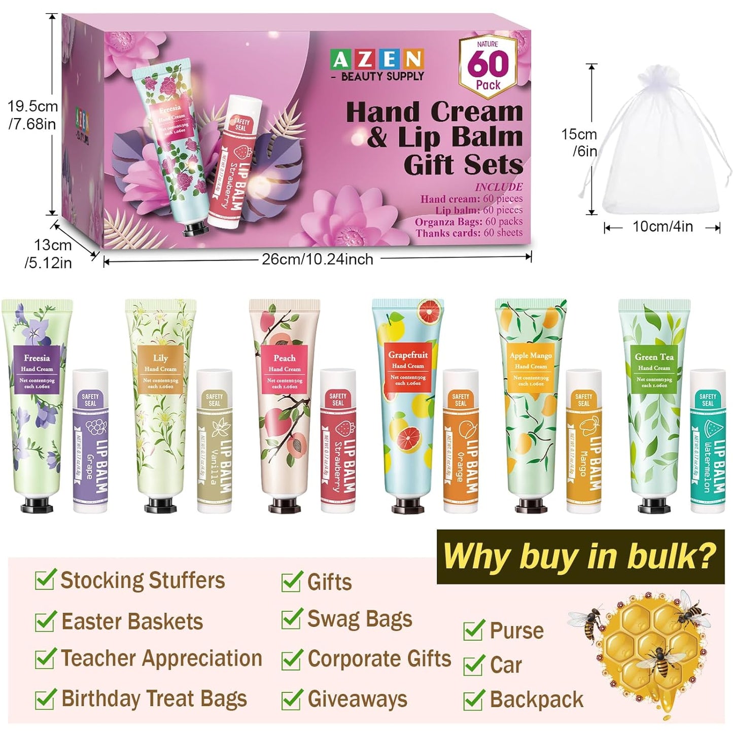 AZEN 60 Sets Bulk Gifts, Hand Cream and Lip Balm Bulk Set with Organza Bag Thank You Card, Baby Shower Wedding Gifts for Guests, Bridal Wedding Favors for Guests,Thank You Gifts for Women