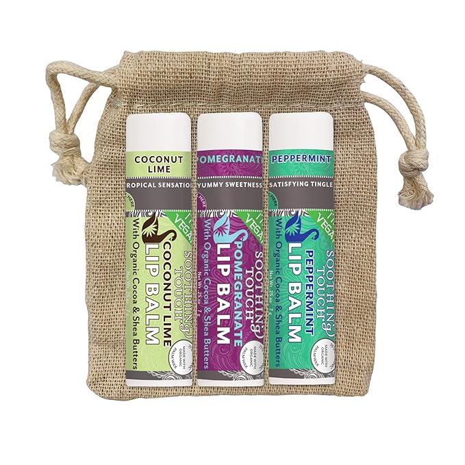 Vegan Lip Balm Set - Variety Pack of 3 Soothing Touch Lip Balms. Large 0.25 oz size. Includes Bonus Muslin Pouch (3 x 4 in) Unique Gift Bundle from Tiny Seed (Coconut Lime, Pomegranate, Peppermint)