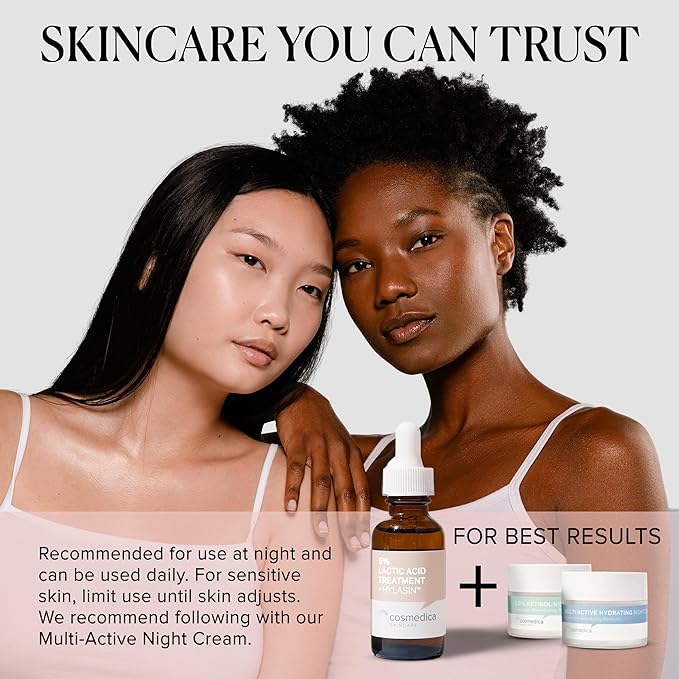 Cosmedica Skincare 5% Lactic Acid Treatment Hylasin - AHA, Hyaluronic Acid, Gentle Exfoliator Dark Spot Corrector, Anti-Aging, Face Peel Brightening Treatment for Dull Hyperpigmented Skin 1 oz (30ml)