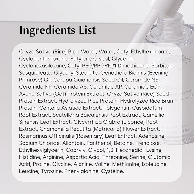 MIDHA Rice Protein Serum, 1.01fl.oz/30ml, Deep hydration, Moisture balance, Firm elasticity, Skin barrier support, Ceramide skincare, Non-greasy finish, Smooth and hydrated, vegan