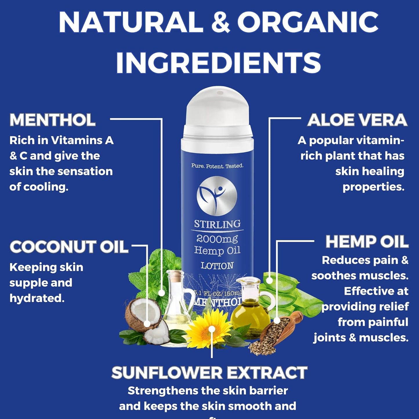STIRLING Menthol Lotion + Hemp Oil β Maximum strength relief with cooling menthol and 100% pure hemp oil to soothe joints, relax muscles, and hydrate with aloe vera. 5 fl oz. (2000mg, Menthol)