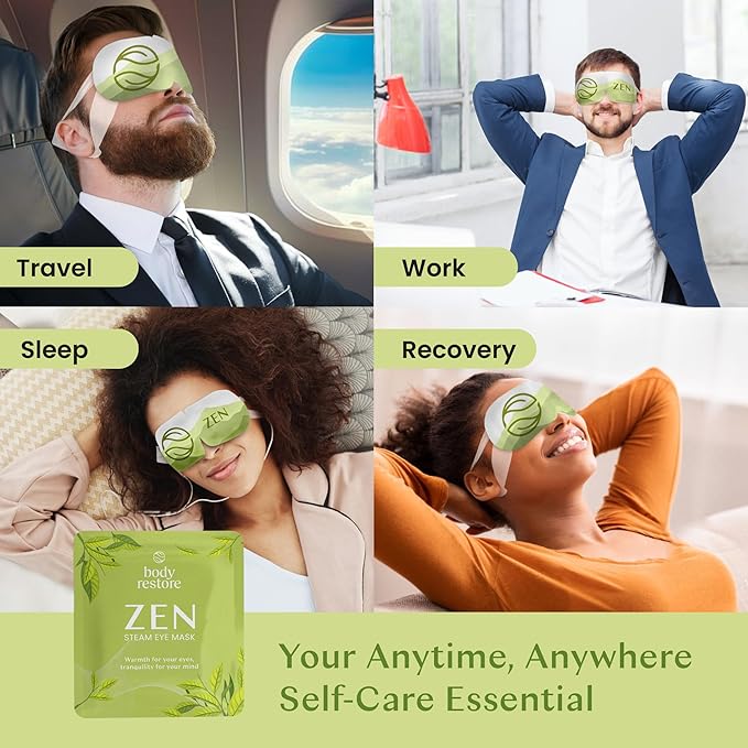 Body Restore Self Heated Steam Eye Mask 5 Pack - Easter Basket Stuffers, Relaxation Gifts for Her and Him, Best Friend, Stye Eye Treatment, Disposable Heating Pad, Travel Essentials - Green Tea