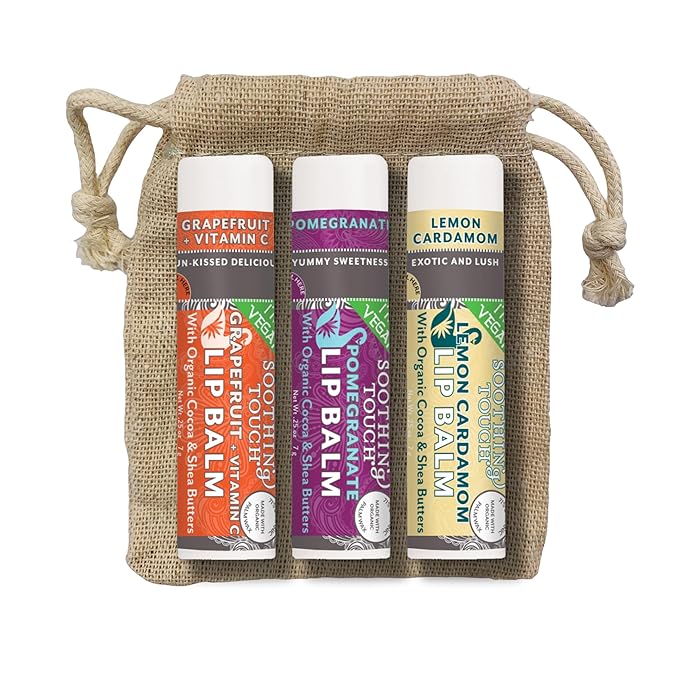 Vegan Lip Balm Set - Variety Pack of 3 Soothing Touch Lip Balms. Large 0.25 oz size. Includes Bonus Muslin Pouch (3 x 4 in). Unique Gift Bundle from Tiny Seed (Grapefruit, Pomegranate, Lemon Cardamom)