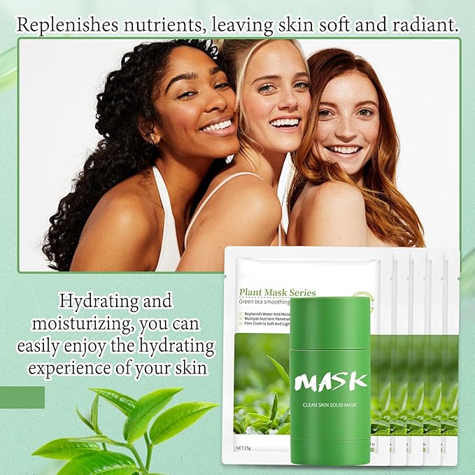 5PCS Green Tea Face Sheet Masks Set, 2PCS Oil Control Long Lasting Moisturizing Blackhead Remover Facial Mask Clay Stick, Deep Pore Cleansing Face Mask Skin Care for All Skin Types(7PCS)