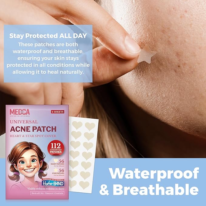 MEDca Acne Patches for Face - Hydrocolloid Bandages (112 Count) Pimple Patches for Face in Hearts & Stars, Acne Spot Treatment Care for Face & Skin Spot Patch Conceals Zits, Acne and Blackheads
