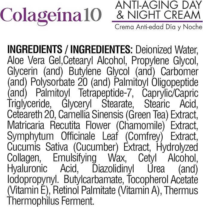 Colageina 10 Anti-Aging Day & Night Cream - Reduce the Appearance of Fine Lines & Wrinkles with Hydrolyzed Collagen and Hyaluronic Acid - 4 oz (120 ml)
