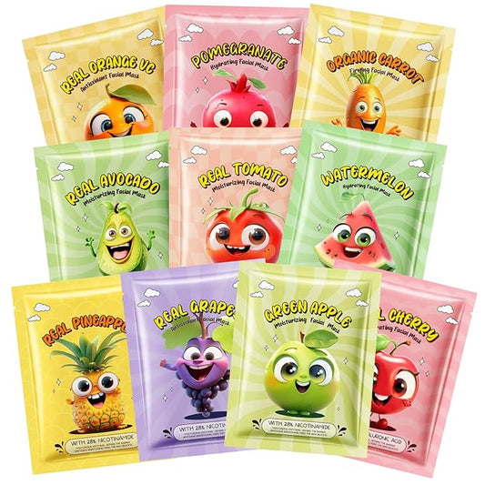 10 Pack Fruit Kids Facial Face Masks, Kids Facial Spa Kit for Girl, Fruit Face Masks for Kids, Moisturize Soothe for All Skin Types, Christmas Birthday Gifts for Women Men Girls