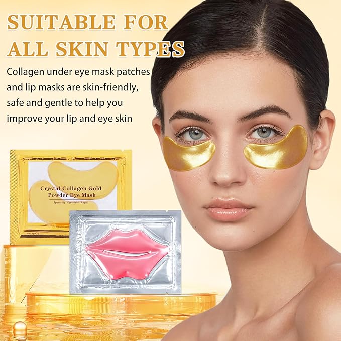 CAHIUYOA 30PCS Lip Mask and Under Eye Masks Set,Pink Lip Masks for Dry Lips 24K Gold Eye Patches for Puffy Eyes,Effective Moisturizing Skin Care