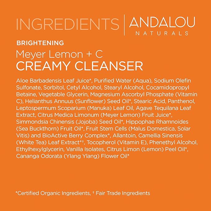 Andalou Naturals Complexion Evening Meyer Lemon + C Creamy Cleanser, Face Wash for Uplifted Tone & Smoother Texture, Helps Renew Skin Vitality & Even Complexion, Cruelty Free, 6 Oz