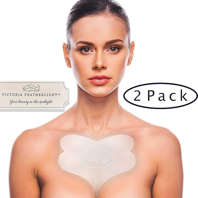 (2 Pads) Victoria Featherlight - Chest Pads For Decollete, Chest Wrinkles Prevention, Silicone Wrinkle Pad (The original design, clear color instead of blue)