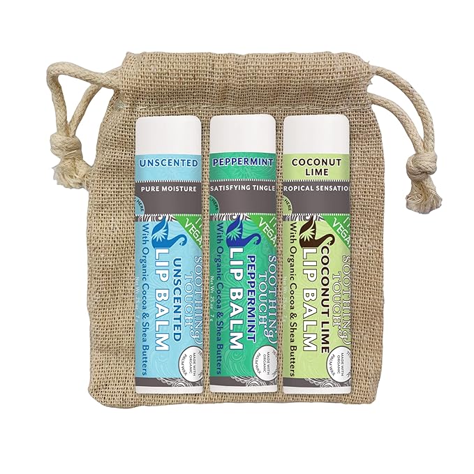 Vegan Lip Balm Set - Variety Pack of 3 Soothing Touch Lip Balms. Large 0.25 oz size. Includes Bonus Muslin Pouch (3 x 4 in). Unique Gift Bundle from Tiny Seed (Coconut Lime, Peppermint, Unscented)