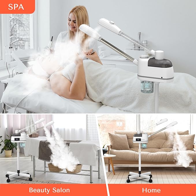 TASALON 2 in 1 Professional Facial Steamer on Wheels -with Ozone and Hot & Cold Mist, Ionic Facial Steamer Kit for Facial Deep Cleaning and Moisturize, SPA & Home, Ozone Face Humidifier (White)