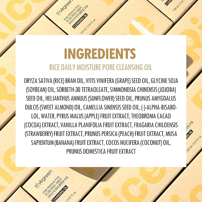 VEGREEN Rice Daily Moisture Pore Cleansing Oil | Korean Skin Care Oil Cleanser w/ 7 Raw Oil Complex | Gentle Face Cleanser for Oily Skin | Pore Control Cleansing Oil Makeup Remover (5.07 fl oz)