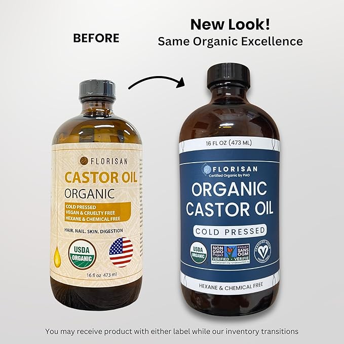 Florisan Organic Castor Oil, EWG Verified & USDA Organic Certified, 16oz, Cold-Pressed, Hexane-Free, Non-GMO, For Hair, Skin, Lashes, Brows, 100% Pure Castor Oil