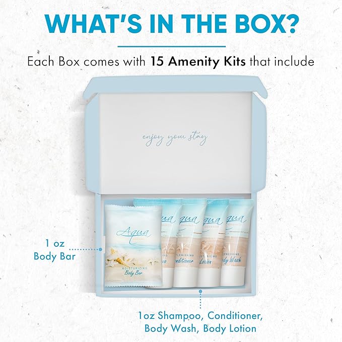 1-Shoppe Aqua Organics Amenity Kit | Boxed Hotel Toiletries Bulk Set | 1 oz Shampoo, Conditioner, Lotion, Body Wash & Bar Soap | 75 Sets per Case