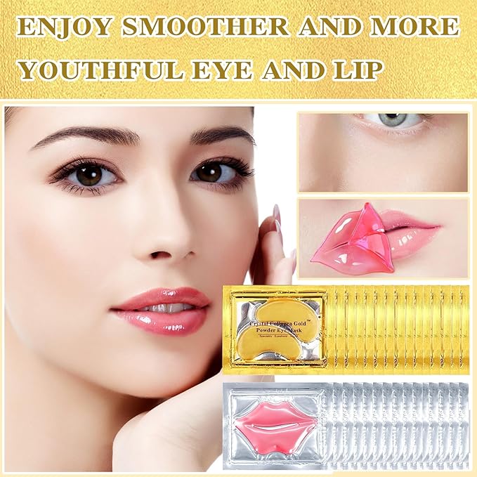 30PCS Lip Mask & Under Eye Mask, 24K Under Eye Patches for Puffy Eyes, Pink Lip Masks Skincare, Effectively Moisturizing the Lip & Eye Skin, Reducing Fine Lines & Dark Circle