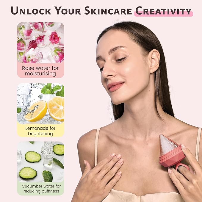 Rena Chris Ice Roller for Face: Diamond Ice Facial Roller, Reach Detailed Areas, De-Puff Eye Bags, Reusable Silicone Massage Ice Mold with Face Wash Wristband, Skin Care Tools for Women(Pink)