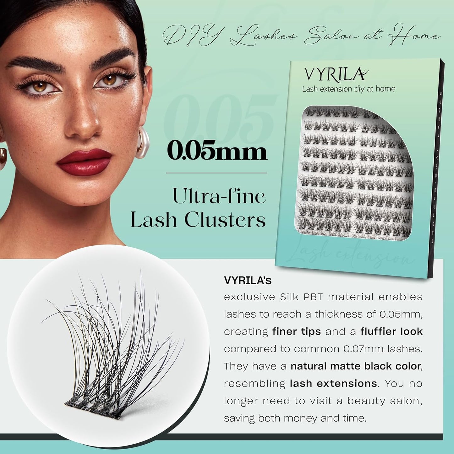Lash Clusters 0.05mm Individual Lashes, 3D Wispy Lashes Clusters, 0.1mm Super Thin Band Resuable Natural Lashes,C Curl Faux Mink Lashes,144pcs Lash Extension (Green Hush-C-0.05-8-16mix)