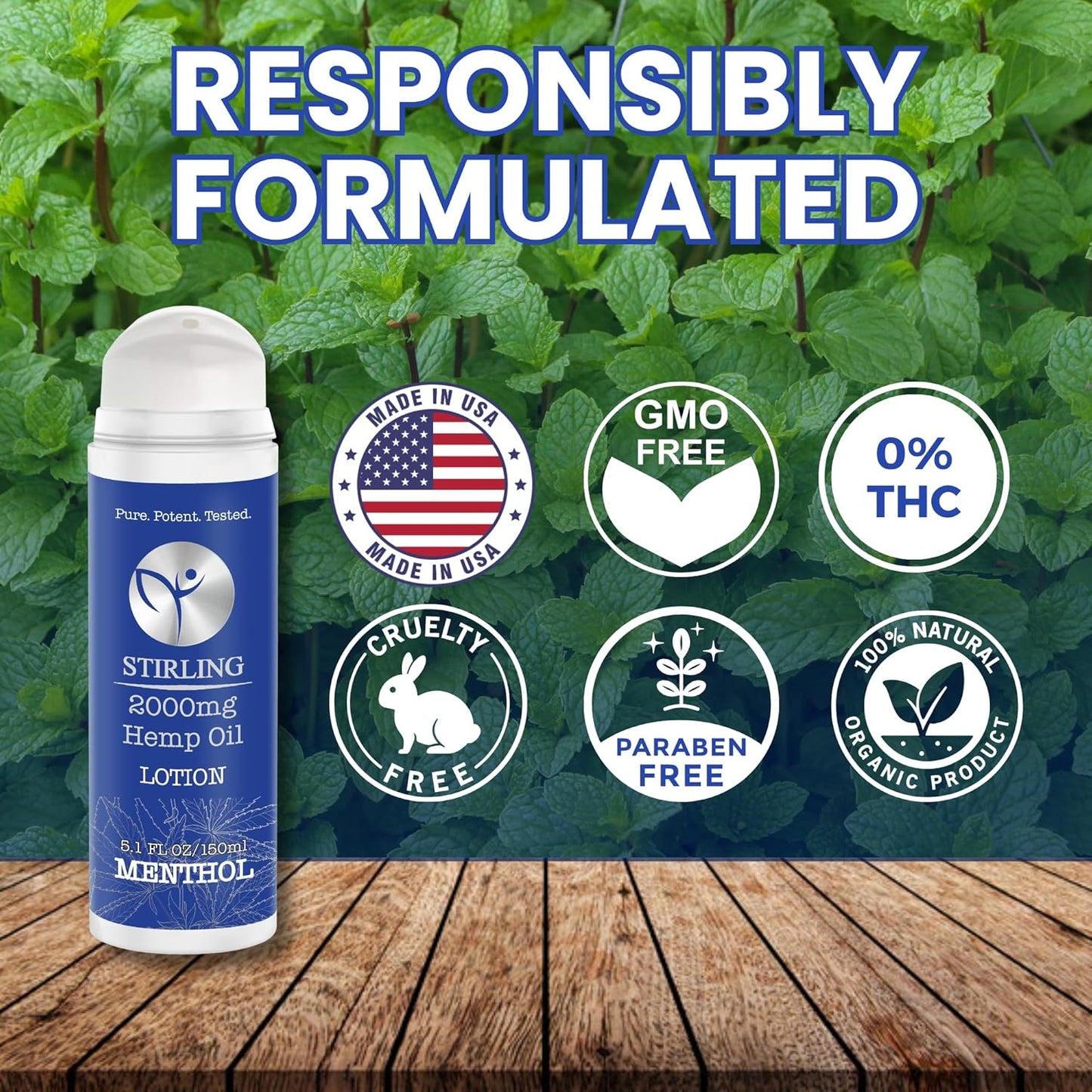 STIRLING Menthol Lotion + Hemp Oil β Maximum strength relief with cooling menthol and 100% pure hemp oil to soothe joints, relax muscles, and hydrate with aloe vera. 5 fl oz. (2000mg, Menthol)