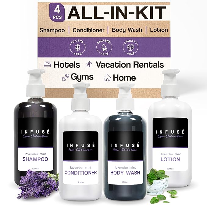 1-Shoppe Infuse Lavender Mint Spa Collection Amenities Set | 10.14 oz Pumps | Shampoo, Conditioner, Hand/Body Wash, Lotion