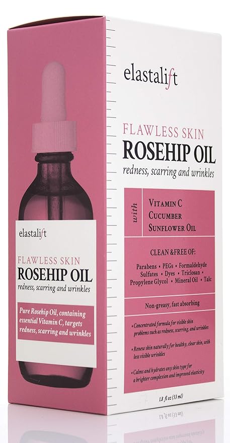 Elastalift Rosehip Oil for face with Vitamin C and Cucumber. Pure Rosehip face oil helps with Wrinkles, Scarring, and Redness for a brighter skin complexion. 1.8 Fl Oz