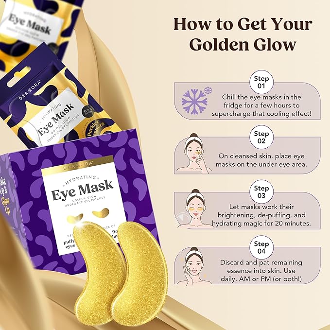 DERMORA Golden Glow Under Eye Patches (20 Pairs Eye Gels) - Rejuvenating Treatment for Dark Circles, Puffy Eyes, Refreshing, Revitalizing, Travel, Wrinkles