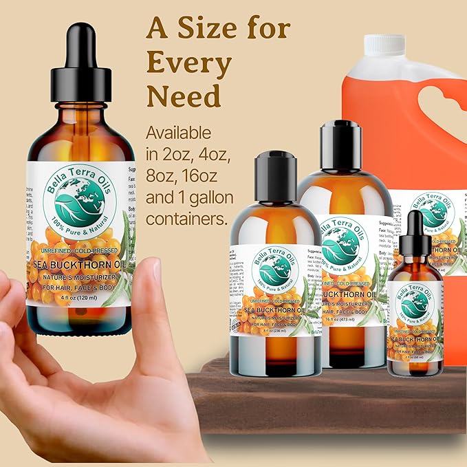 Bella Terra Oils - Sea Buckthorn Oil 8 oz - The Ultimate Elixir from Nature's Bounty, Rich in Flavonoids & Essential Fatty Acids, Gilded Luxe for Your Face