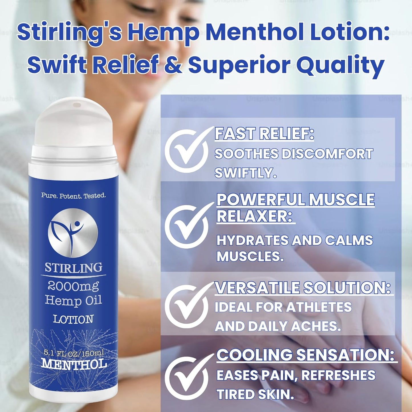 STIRLING Menthol Lotion + Hemp Oil β Maximum strength relief with cooling menthol and 100% pure hemp oil to soothe joints, relax muscles, and hydrate with aloe vera. 5 fl oz. (2000mg, Menthol)