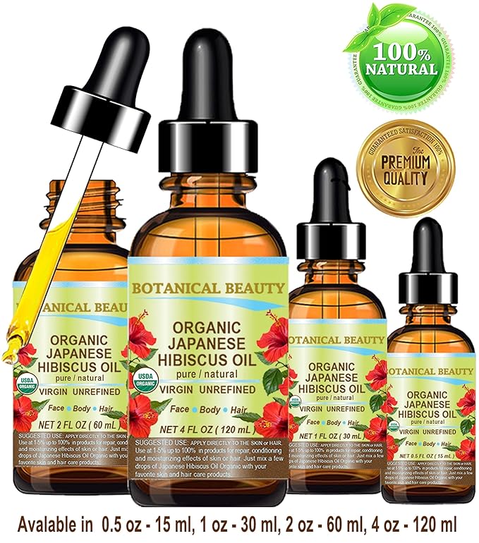 Botanical Beauty Organic HIBISCUS OIL (Hibiscus Sabdariffa) JAPANESE 100 Pure Natural VIRGIN UNREFINED COLD PRESSED Anti Aging, Vitamin E oil for FACE, SKIN, HAIR GROWTH 2 Fl.oz.- 60 ml