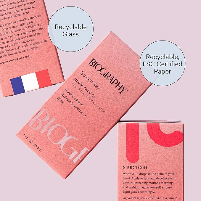 Golden Ray Glow Face Oil, 30ml. Collagen Boosting, Natural Skincare Moisturizing & Hydrating Facial Oil for Women. Incr Elasticity w/French Marine Algae, Jojoba & Rosehip for Fine Lines & Wrinkles