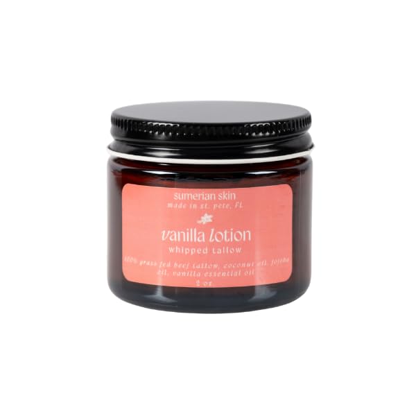 100% Grass Fed & Organic Whipped Beef Tallow Lotion - All Natural - Body + Face Mosturizer for All Skin Types (2 Ounce, Vanilla)