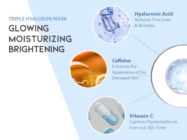 Triple Hyaluron Hydrating Mask for Dry and Sensitive Skin, Anti Aging, Tightening and Moisturizing, Korean Vegan Beauty, Hyaluronic Acid, Caffeine, Vitamin C 10EA