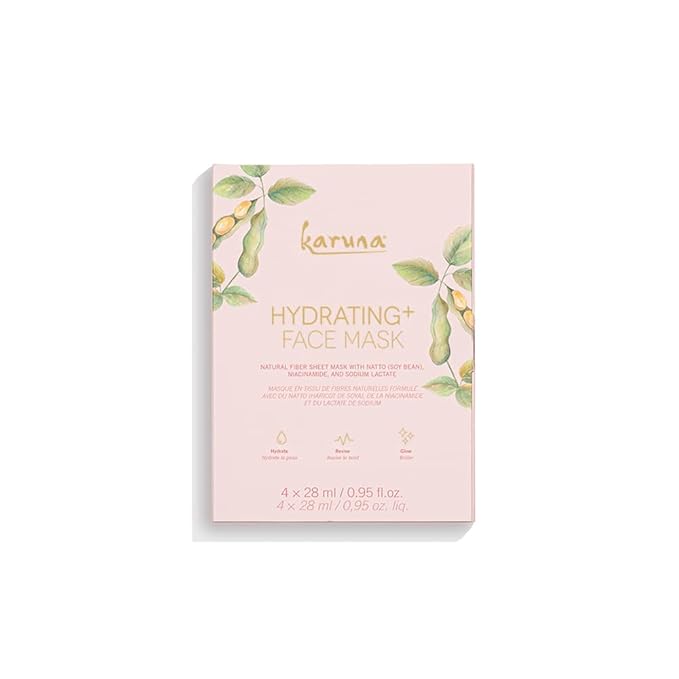 Karuna Skin - Hydrating+ Sheet Masks for Well-Moisturized & Hydrated Skin, Glow-Enhancing Face Masks Skin Care Products, Hydrating Facial Masks with Natto, Niacinamide & Sodium Lactate, 4 Sheets