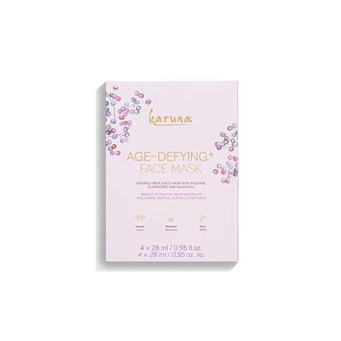 Karuna Skin - Age-Defying+ Face Masks for Dry, Mature Skin, Rejuvenating & Nourishing Sheet Masks Skincare Essential, Facial Mask with Elderberry, Calendula & Wild Yam, 4 Sheets per Pack