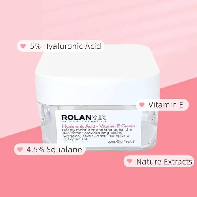 ROLANYIN Hyaluronic Acid + Vitamin E Cream for Deep Hydration and Moisturizing Nourishing Anti Aging Skin Repair Soothing and Revitalizing for Healthy Radiant Skin