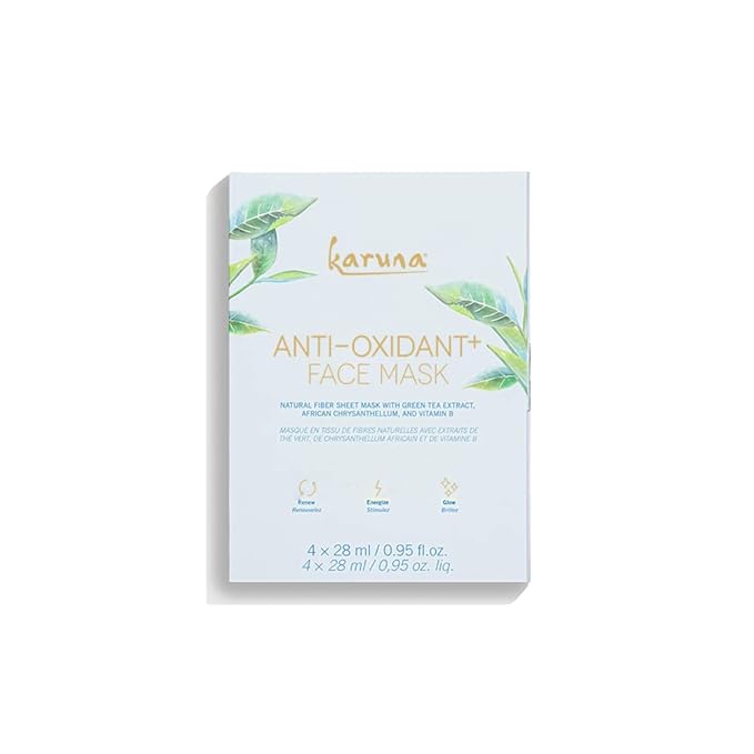 Karuna Skin - Antioxidant+ Face Masks for Dry, Mature Skin, Rejuvenating & Nourishing Face Masks Skincare Essential, Facial Mask w Green Tea Extract, Chinese Licorice & African Chrysanthellum, 4 Pack