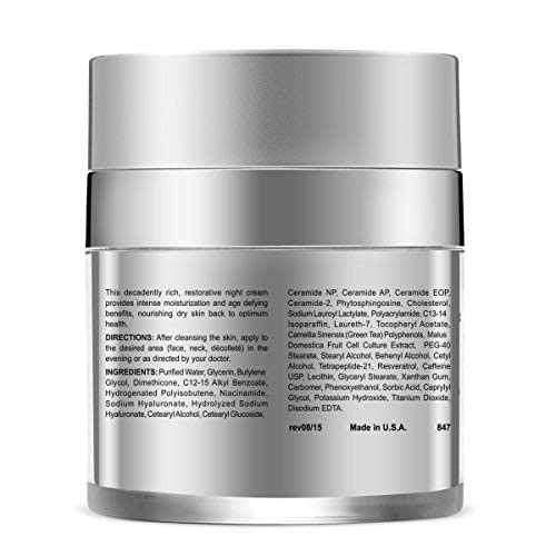 Anti Aging Night Cream - Intense Hydrating Face Moisturizer - Enriched with Hyaluronic Acid, Ceramide, Peptides, Excellent Night Face Cream - Fragrance Free - Light Feeling - 1.7 oz