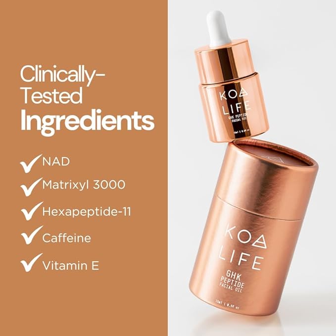 KOA Life GHK Peptide Daily Ultra-Hydrating, Anti-Aging Facial Oil. In a metallic copper glass dropper bottle and metallic copper outer cylinder carton