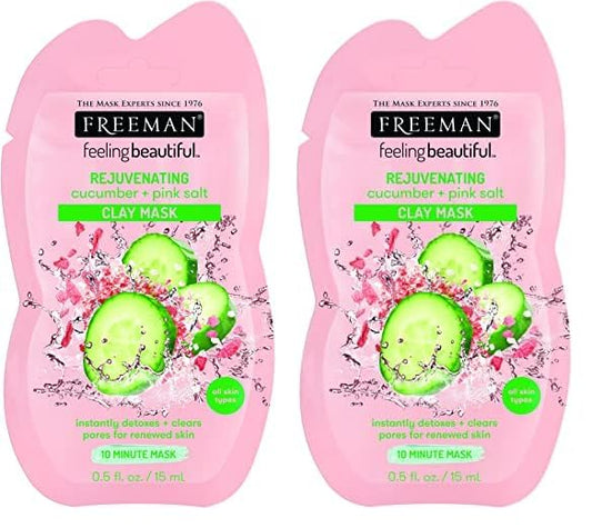 FREEMAN Facial Cucumber + Pink Salt Clay Mask Pack, Pack of 2