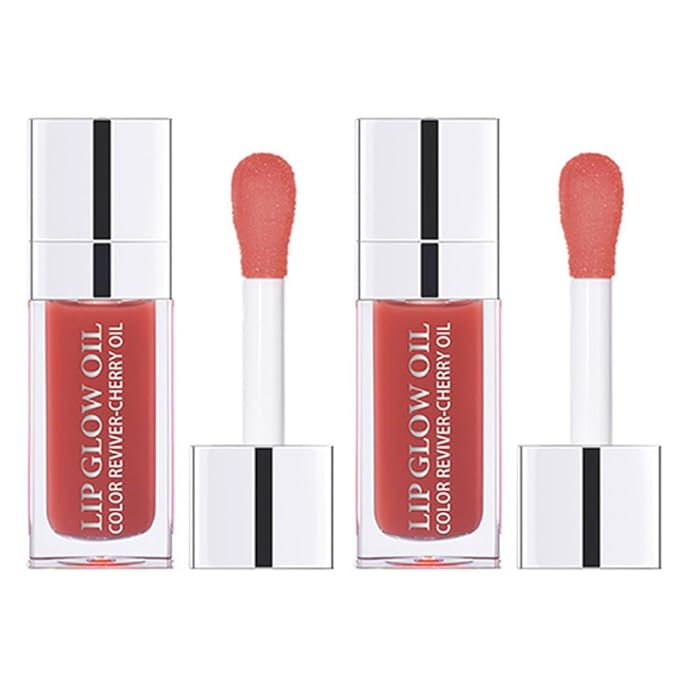 Plumping Lip Oil, Hydrating Gloss Tinted Lip Balm Transparent Lip Care, Big Brush Head Glitter Shine, Long Lasting Nourishing Non-sticky Fresh Texture(2PCS ROSEWOOD)
