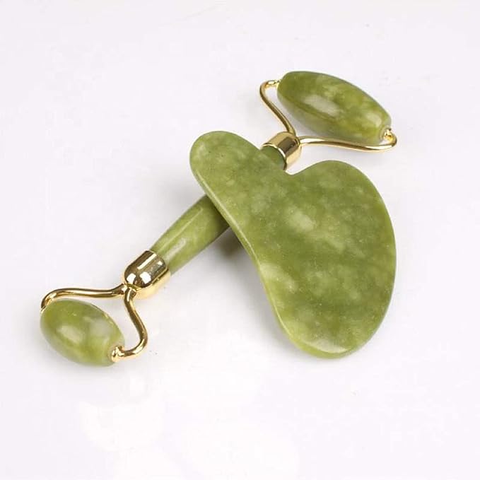 Jade Roller and Gua Sha Set, Green Jade, 7 x 4.7 x 1.4 Inch