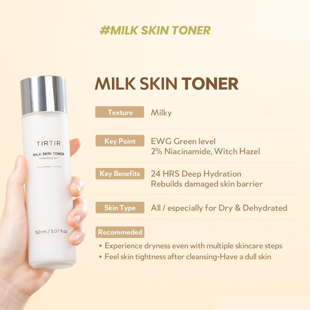 TIRTIR Milk Skin Rice Toner Light | Instant Hydration with 4% Niacinamide, Pantenol, Lightweight, Pore-Tightening, Vegan, Acne-Prone, Oily Skin, Fungal Acne Safe, Korean Skin Care, 0.67 Fl Oz
