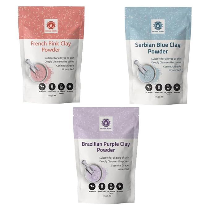 French Pink Clay Powder 114 g w/Serbian Blue Clay Powder 114 g w/Brazilian Purple Clay Powder 114 g