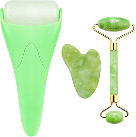 3-in-1 Natural Jade Roller and Gua Sha Set for Face and Eye Ice Roller Facial Cooling Massage Roller (Green Ice Roller + Jade Roller + Gua Sha)