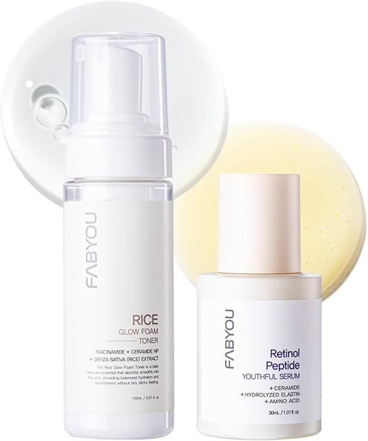Fabyou Glass Skin Duo Rice Glow Foam Toner + Retinol Peptide Youthful Serum After-Cleansing for Gentle Facial Care, Korean Skincare Set