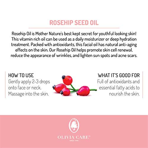 Olivia Care Rosehip Seed Oil Serum Natural Moisturizer for Face, Body & Skin with Vitamins E, C, A & Omega 6, Perfect for Treating Wrinkles, Acne Scars, Sun Spots, Dark Circles & Anti-Aging - 1 OZ